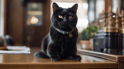 Black Cat Sitting On A Wooden Table With A Collar Background A Black