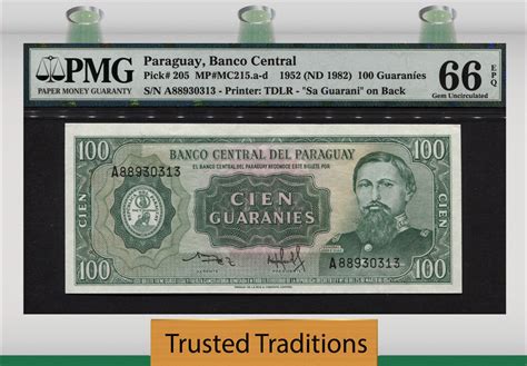 Welt Banknoten 100 GUARANIES TT PK 205 1952 PARAGUAY JOSE E DIAZ PMG