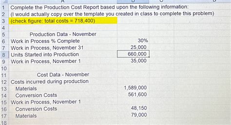 Solved 1 ﻿complete The Production Cost Report Based Upon The