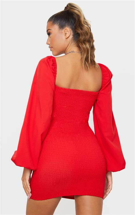 Red Long Sleeve Square Neck Shirred Bodycon Dress Prettylittlething Aus