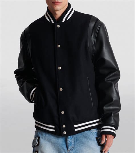 Mens Balmain Black Leather Sleeve Varsity Jacket Harrods UK