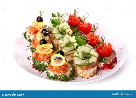 Plate Of Different Canapes Stock Image Image Of Delicious 85131541