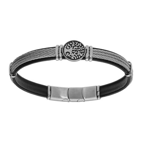 Bracelet En Acier Et Cuir Noir Rangs C Ble Gris Au Centre Et