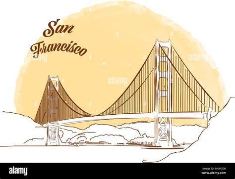 Sketch of Golden Gate Bridge. Hand drawn vector illustration with modern Headline. Use for ...