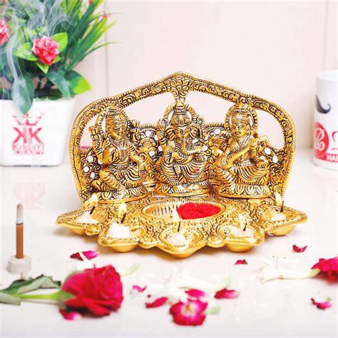 Buy KridayKraft Laxmi Ganesh Saraswati Metal Statue Decor With Diya