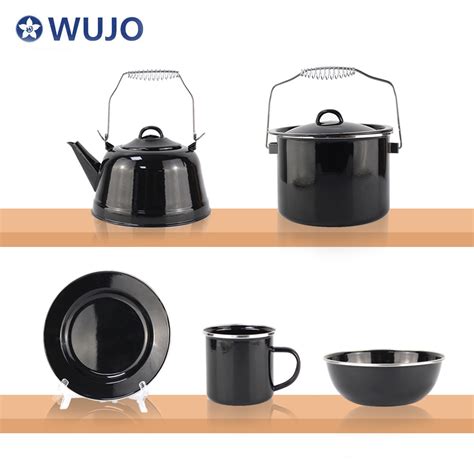 Wujo Enamel Camping Cookware Set Camping Dinnerware Black Enamel