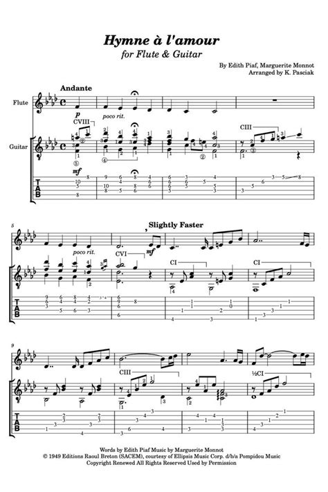 Hymne à l amour Sheet music for guitar and flute Sheet music