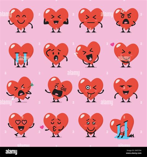 Heart Character Emoji Set Funny Cartoon Emoticons Stock Vector Image