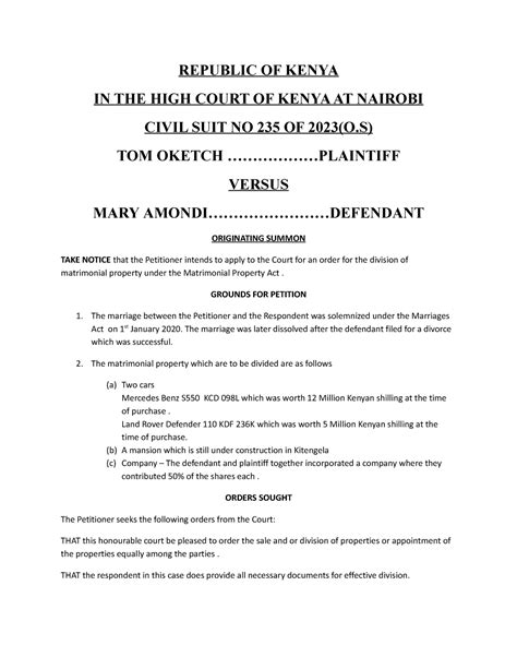 Originating Summon And Affidavit Republic Of Kenya In The High Court