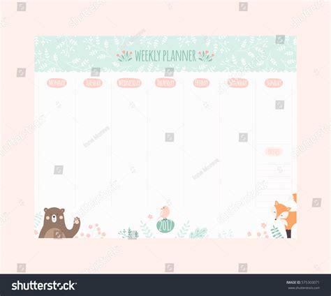 Vector Weekly Planner Cute Animals Stock Vector (Royalty Free ...