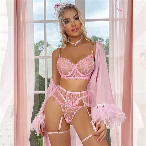 Ins New Wish Hot Sexy Lingerie Women Embroidery Mesh 3 Piece Lingerie Set Mdn5116