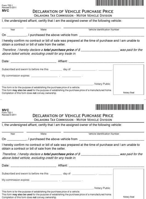 Oklahoma Vehicle Bill Of Sale Template