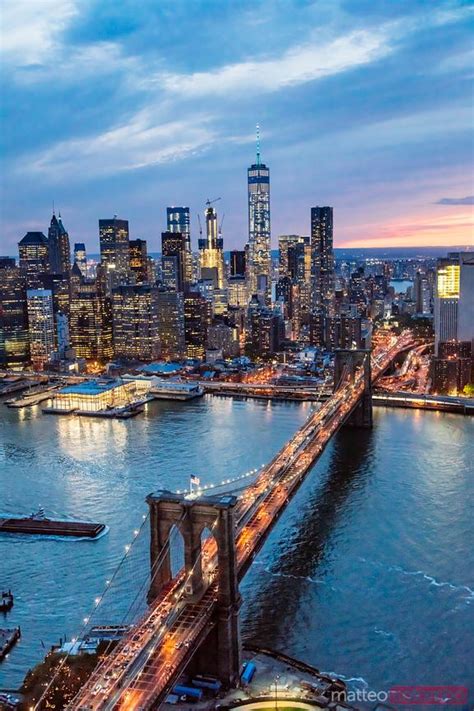 Aerial View Of Brooklyn Bridge At Dusk New York Usa Royalty Free