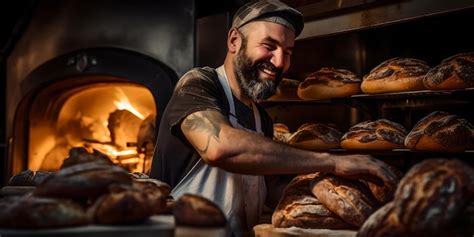 Premium Ai Image Joyful Baker Presenting Fresh Bread In Rustic Bakery Artisanal Bread Making