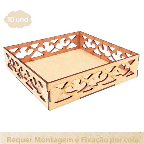 Kit 10 Bandeja Quadrada 17x17 Cm Mdf Cru Modelo Arabesco Cestinha Doce