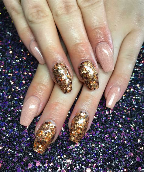 Sculpted Nude Shimmer Acrylics With Gold Glitter Details Trendy Nails Nude Shimmer Nails