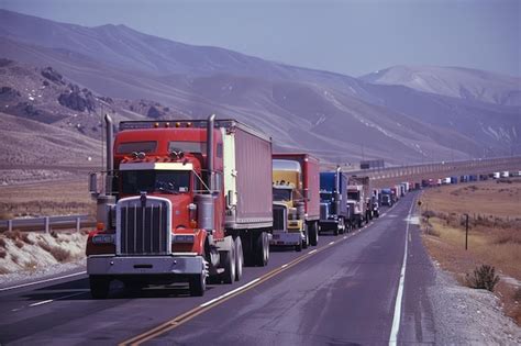 Premium Photo A Long Line Of Semi Trucks Driving Down A Highway