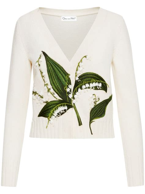 Oscar De La Renta Floral Embroidered Fine Knit Cardigan Farfetch