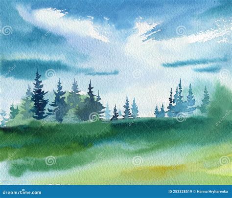 Landscape with Mountains, Blue Sky, Clouds, Green Field. Hand Drawn ...