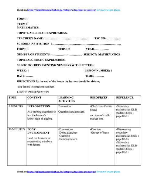 Mathematics Free Lesson Plans Uon Studocu