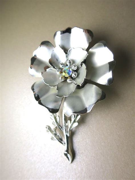 Silver Flower Brooch Ab Rhinestone Frosted Silvertone Petals Shiny