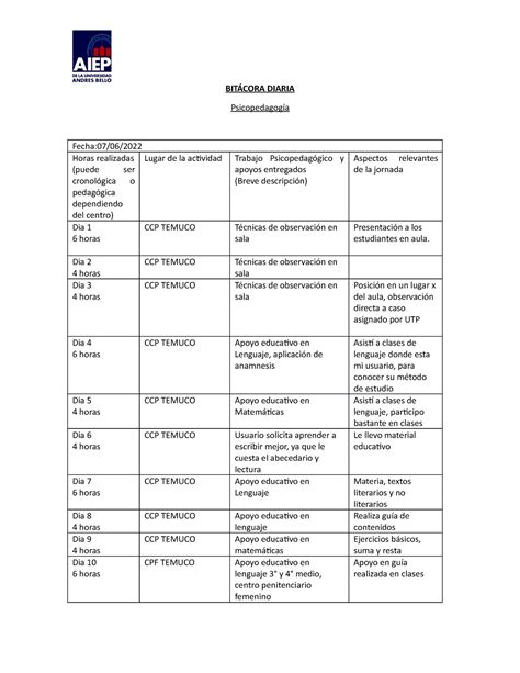 Modelo Bitacora Bit Cora Diaria Psicopedagog A Fecha Horas