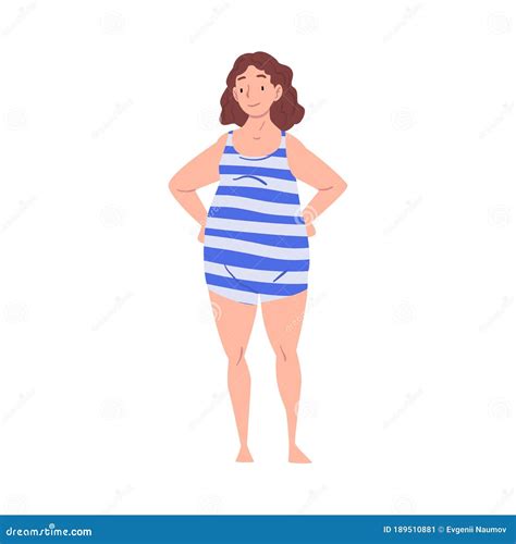 Smiling Plus Size Woman In Swimsuit Curvy Overweight Girl Cartoon Style Vector Illustration On