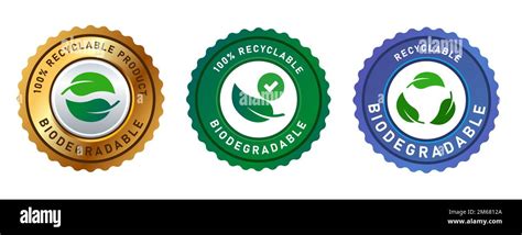 Biodegradable Recyclable Label Sticker Stamp Icon Seal Logo Gold Green Blue Stock Vector Image