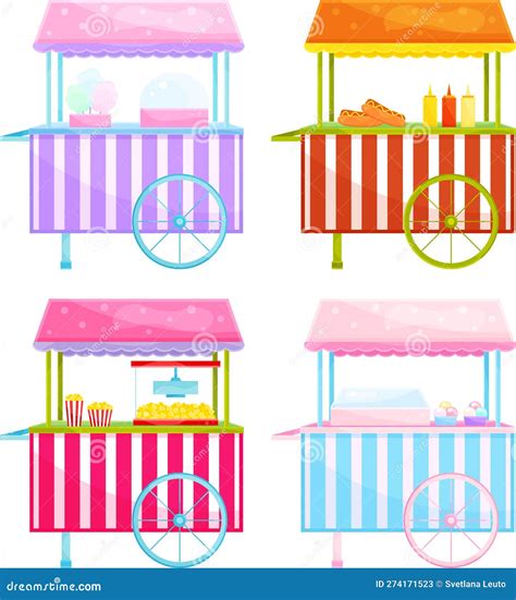 Bright Vector Illustrations Set Carts With Street Food Kiosks With