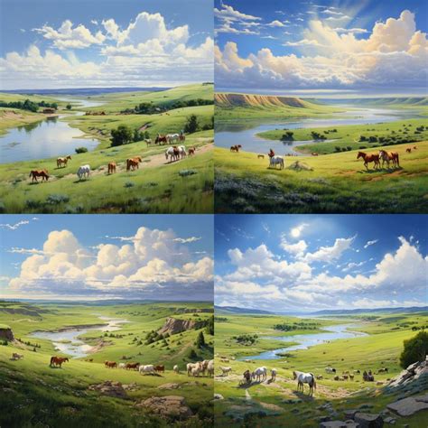 The painting depicts a vast prairie landscape with rolling hills, soft ...