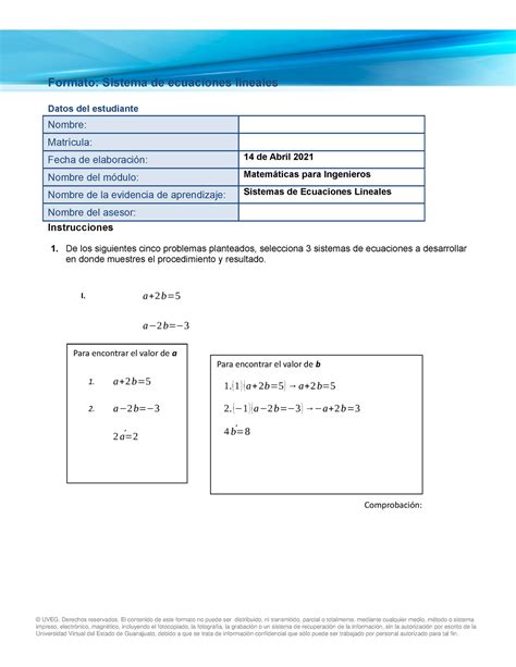 Sistema Ecuaciones Lineales UVEG 2021 Formato Sistema De Ecuaciones