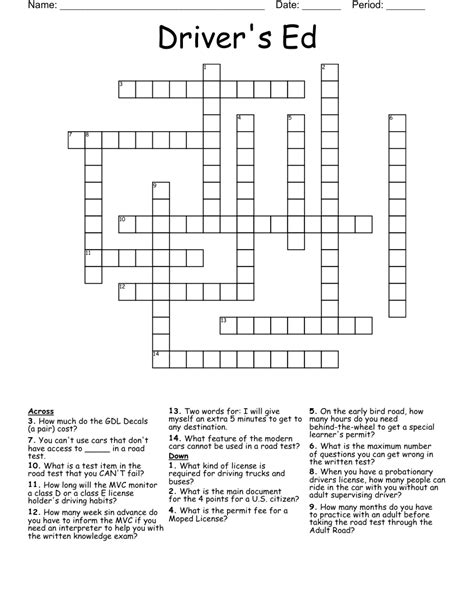 Drivers Ed Crossword Wordmint