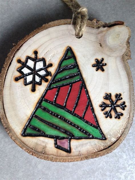 Rustic Tree Hand Painted Wood Burned Christmas Ornament Natural Wood