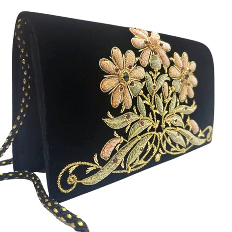 Luxury Black Velvet Evening Clutch Bag Hand Embroidered Handbag