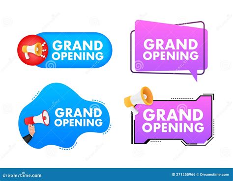 Megaphone Label Set With Text Grand Opening Megaphone In Hand Promotion Banner Stock Vector