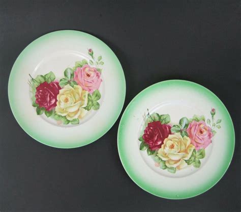 Antique Plates Roses K T K Co Semi Vitreous Porcelain Green Border 10