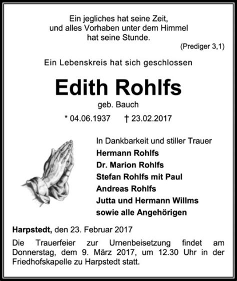 Traueranzeigen Von Edith Rohlfs Trauer Kreiszeitung De