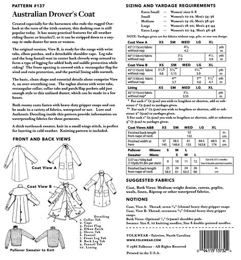 Folkwear Australian Drover S Coat Sewing Pattern 137 Pullover