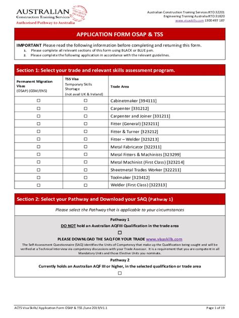 Fillable Online APPLICATION FORM OSAP TSS Australian Visa Skills