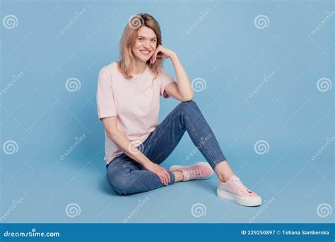 Portrait Of Lovely Dreamy Positive Relaxed Girl Sit Floor Hand Cheek