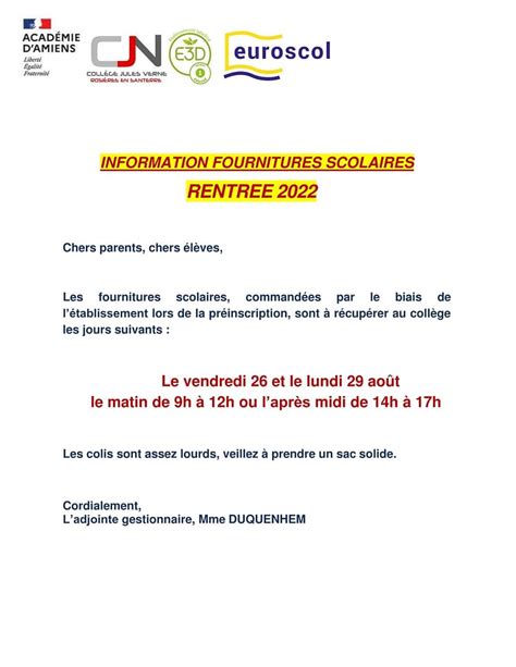 Rentr E Organisation Et Fournitures Scolaires Coll Ge Jules Verne