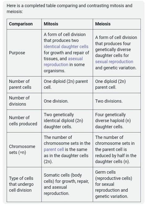 Comparing Mitosis And Meiosis Table