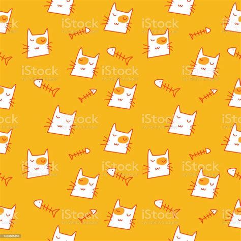 Cute Cartoon Cat Vector Icons Seamless Pattern And Background Stock