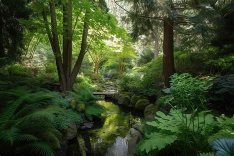 Premium Ai Image Lush Garden With Babbling Brook Surrounded By