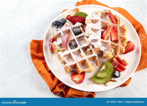 Traditional Belgian Waffles With Fresh Fruit Stock Photo Image Of