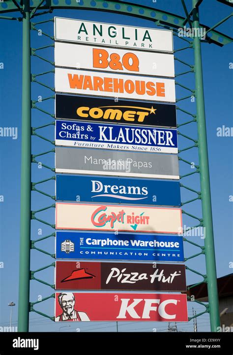 Sign listing shops Anglia Retail Park, Ipswich, Suffolk, England Stock ...