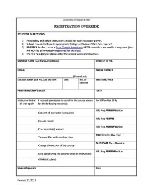 Fillable Online Uhh Hawaii Registration Override University Of Hawaii