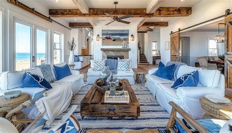 Bright Airy Coastal Living Room With Fireplace And Ocean View Premium