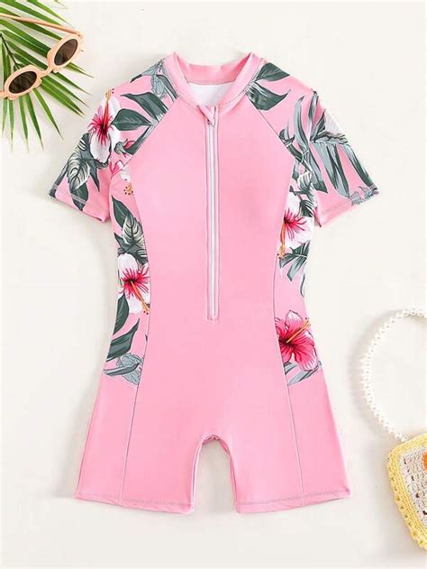 Girls Tropical Print Zipper Front One Piece Swimsuit Shein Usa