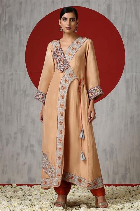 Wazir C Silk Kashmiri Embroidered Angarakha Kurta With Pant Beige